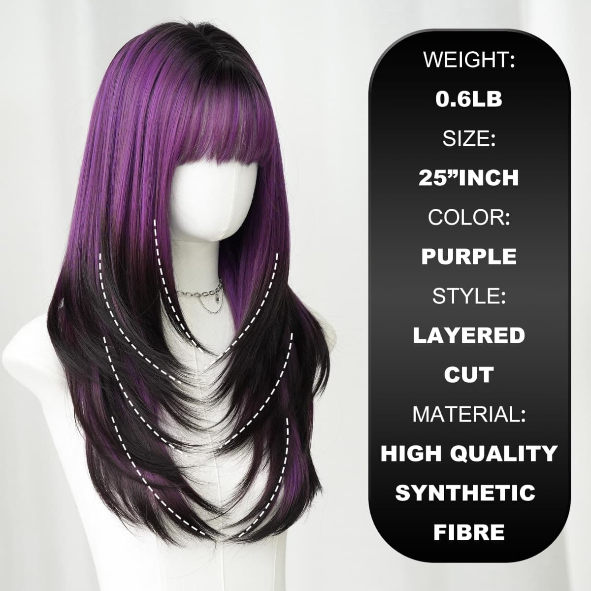 7JHH WIGS Long Straight Purple Synthetic Wig with Bangs 25inch Layered Hair Tail Dye Black Heart Resistant Synthetic Fiber Natural Looking Wigs for Women Party Cospaly and Daily Used thumbnail 2