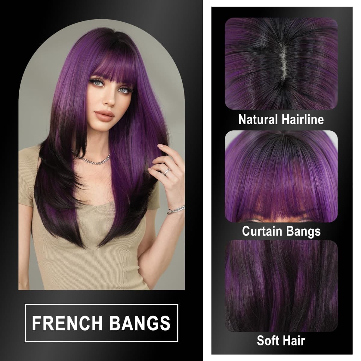 7JHH WIGS Long Straight Purple Synthetic Wig with Bangs 25inch Layered Hair Tail Dye Black Heart Resistant Synthetic Fiber Natural Looking Wigs for Women Party Cospaly and Daily Used thumbnail 3