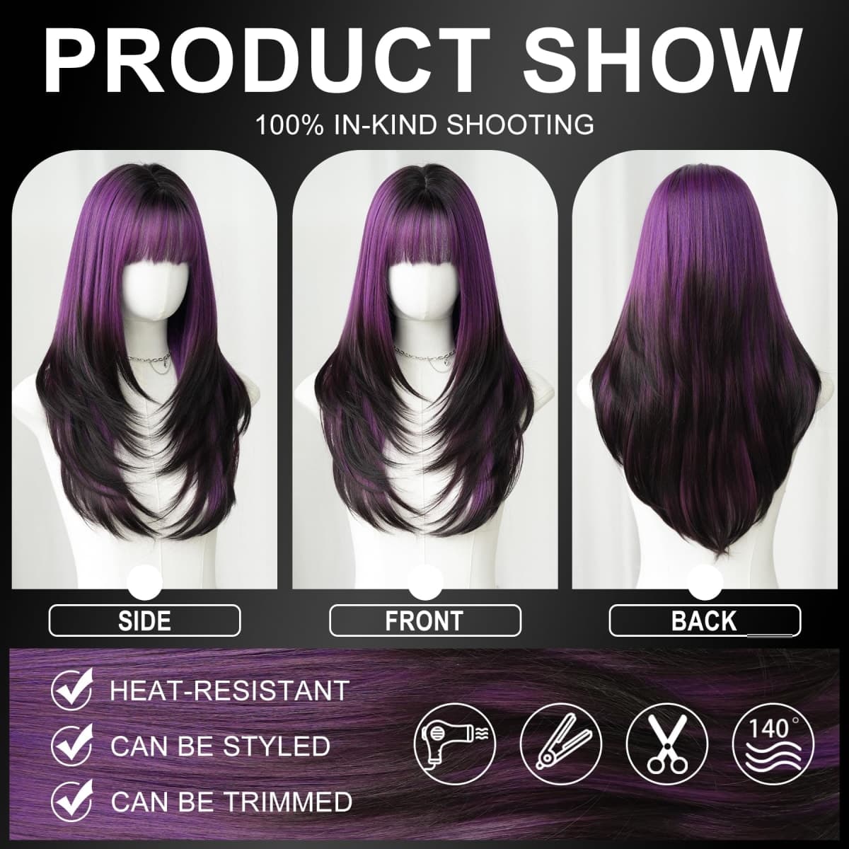 7JHH WIGS Long Straight Purple Synthetic Wig with Bangs 25inch Layered Hair Tail Dye Black Heart Resistant Synthetic Fiber Natural Looking Wigs for Women Party Cospaly and Daily Used thumbnail 4