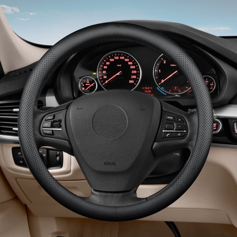 VARGTR Car Steering Wheel Cover,Universal 15 Inch Premium Leather Car Steering Wheel Cover,Best Grip,Perforated Design,Breathable,Non-Slip,Sweat-Absorbent,Warm in Winter and Cool in Summer (Black) thumbnail 4