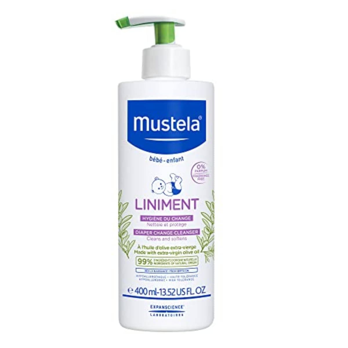Mustela Liniment - No-Rinse Baby Cleanser for Diaper Change - with Extra Virgin Olive Oil - Fragrance-Free - 13.52 fl. Oz — image 1