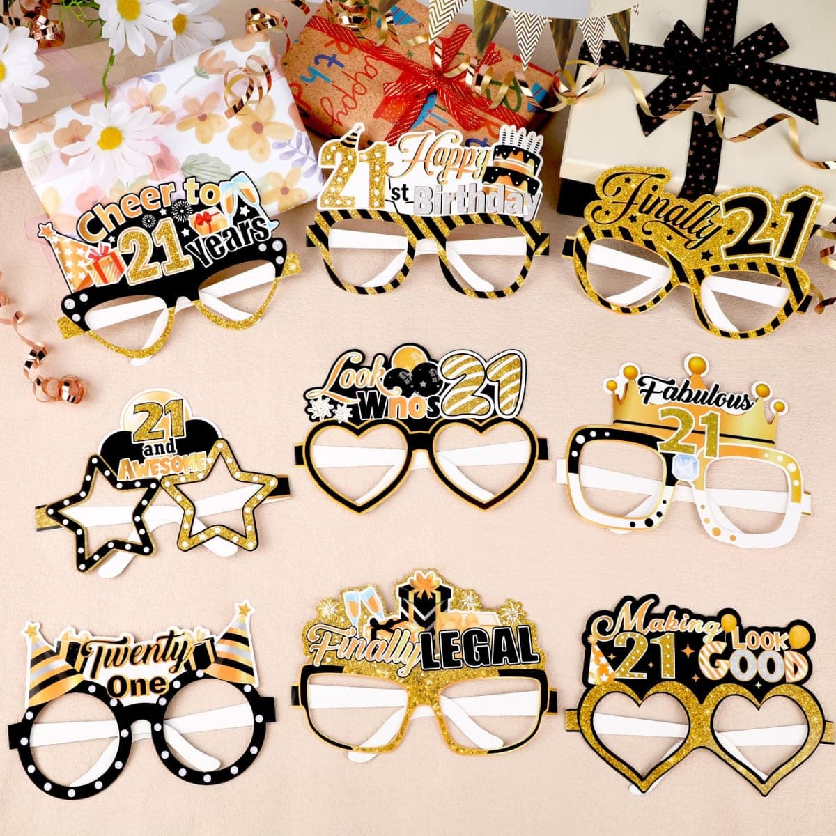 Konsait 21st Birthday Glasses - 18 Pack Gold and Black Paper Glasses 21st Birthday Gifts for Him, Party Decorations, Accessories & Photo Props thumbnail 3