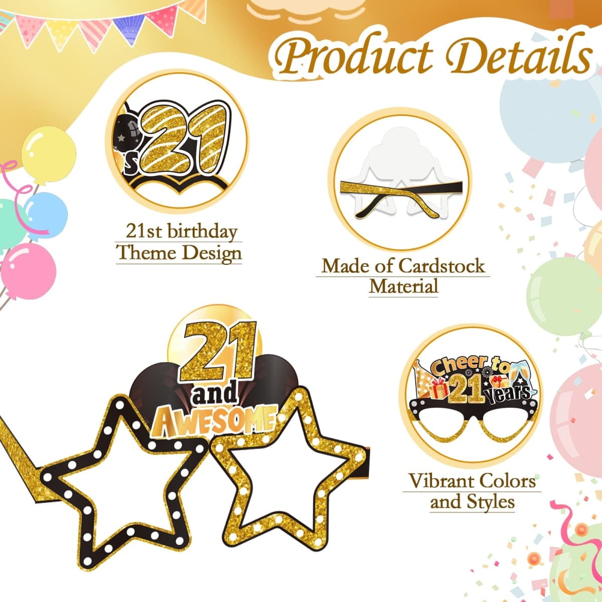 Konsait 21st Birthday Glasses - 18 Pack Gold and Black Paper Glasses 21st Birthday Gifts for Him, Party Decorations, Accessories & Photo Props thumbnail 4