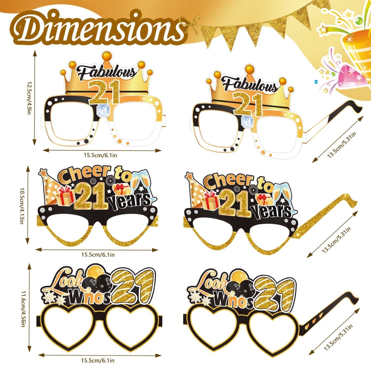 Konsait 21st Birthday Glasses - 18 Pack Gold and Black Paper Glasses 21st Birthday Gifts for Him, Party Decorations, Accessories & Photo Props thumbnail 5
