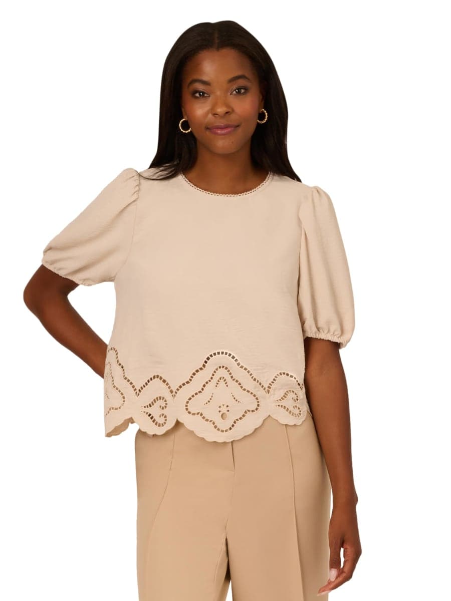 Adrianna Papell Women's Airflow Eyelet Embroidered Woven Crop Top, Light Apricot, Large — image 1