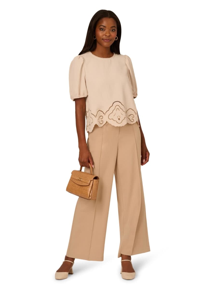 Adrianna Papell Women's Airflow Eyelet Embroidered Woven Crop Top, Light Apricot, Large thumbnail 4