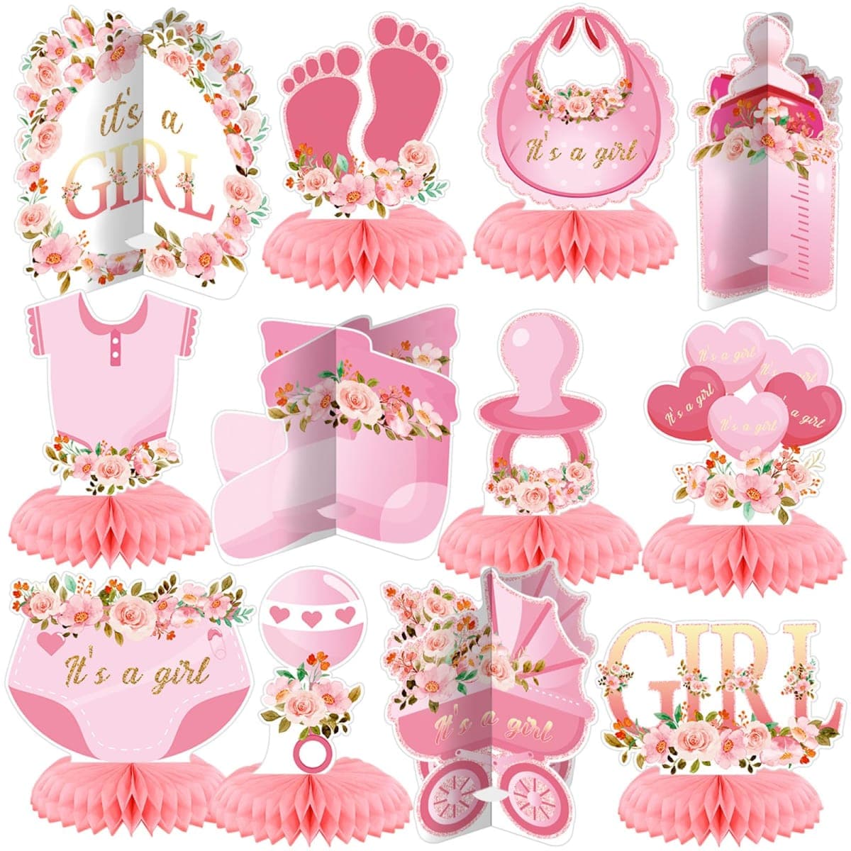 Pickmesh 12 Pieces Pink Gold Baby Shower Decorations Floral Honeycomb Baby Shower Table Centerpieces Table Decorations Topper for Gender Reveal Birthday Party Supplies(Flower Girls)