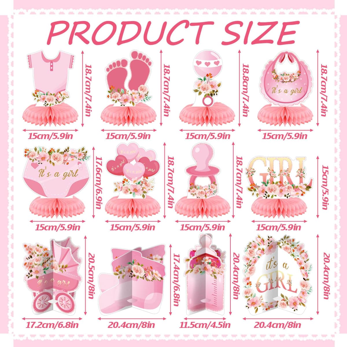 Pickmesh 12 Pieces Pink Gold Baby Shower Decorations Floral Honeycomb Baby Shower Table Centerpieces Table Decorations Topper for Gender Reveal Birthday Party Supplies(Flower Girls) thumbnail 2