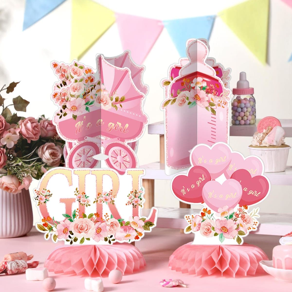 Pickmesh 12 Pieces Pink Gold Baby Shower Decorations Floral Honeycomb Baby Shower Table Centerpieces Table Decorations Topper for Gender Reveal Birthday Party Supplies(Flower Girls) thumbnail 3