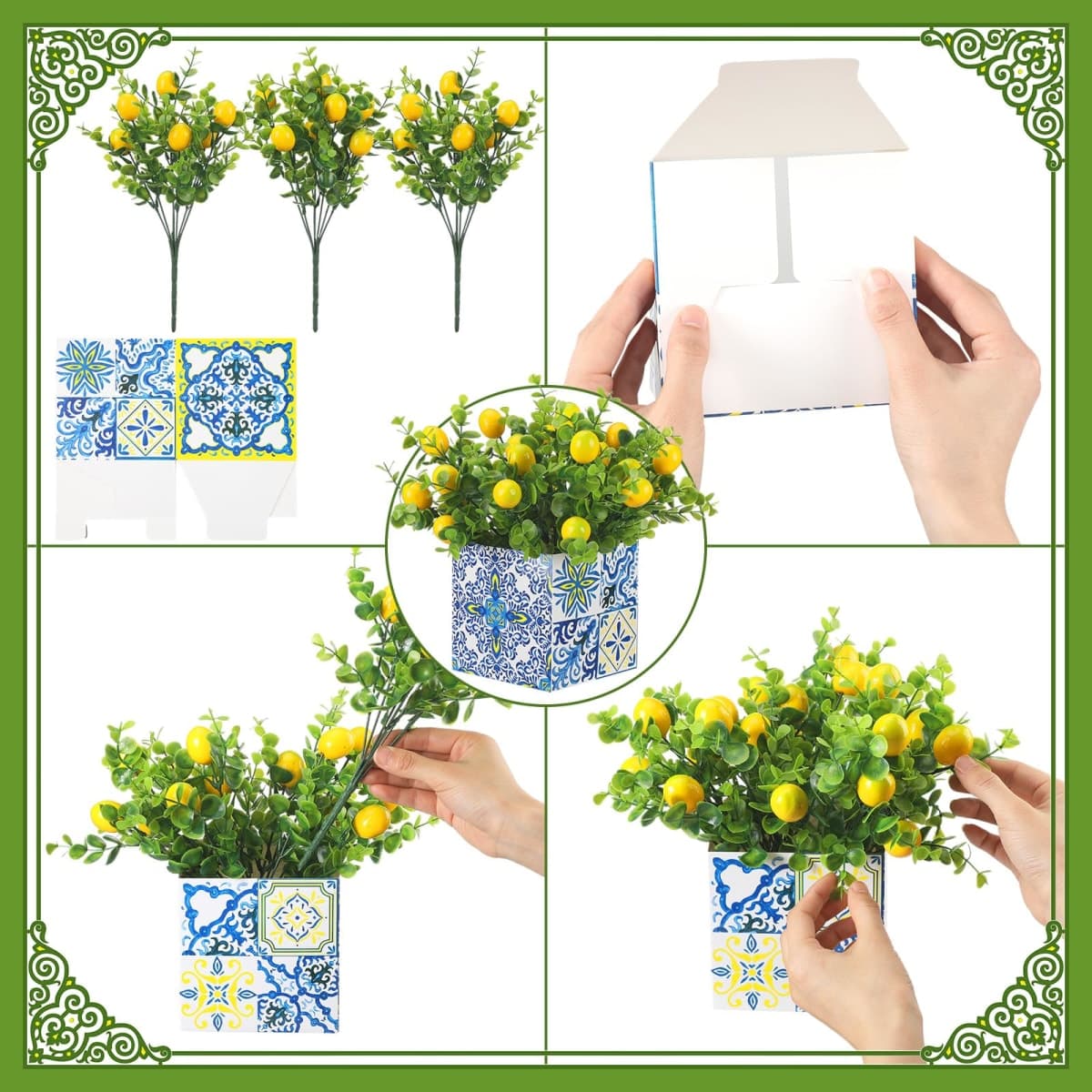 Giegxin Blue Tiles Lemon Table Centerpiece Decor Amalfi Coast Box Decorations with Artificial Lemon Branches for Capri Mediterranean Positano Wedding Birthday Party Decor(4 Sets) thumbnail 3