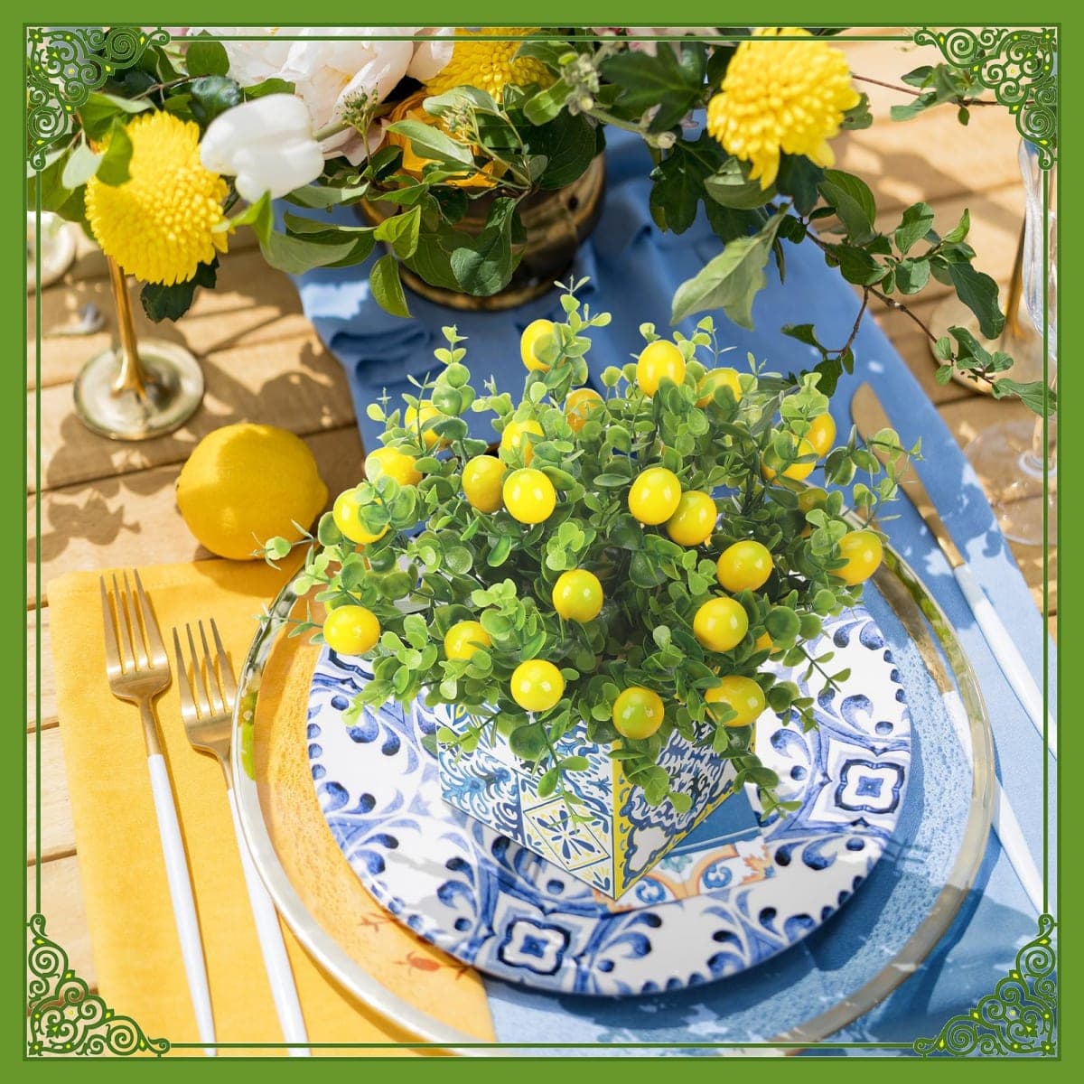 Giegxin Blue Tiles Lemon Table Centerpiece Decor Amalfi Coast Box Decorations with Artificial Lemon Branches for Capri Mediterranean Positano Wedding Birthday Party Decor(4 Sets) thumbnail 4