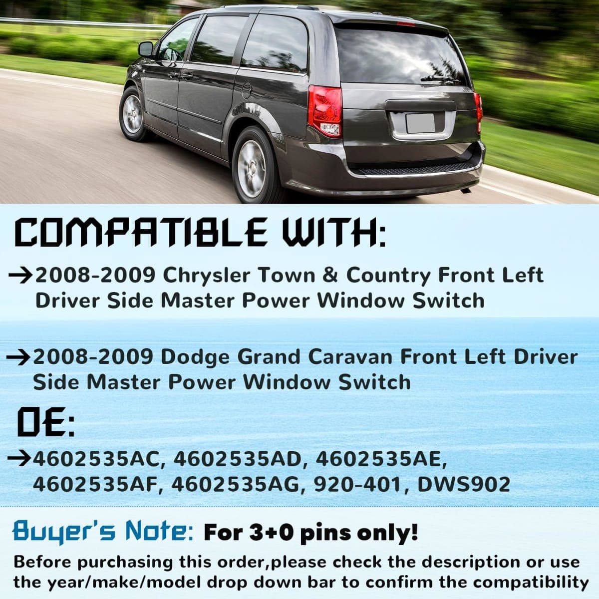 Master Power Window Switch, Driver Side 3 + 0 Pins, Replacement for 2008-2009 Chry-sler Town & Country, 4602535AC, 4602535AD, 4602535AE, 4602535AF, 4602535AG, 920-401 thumbnail 2