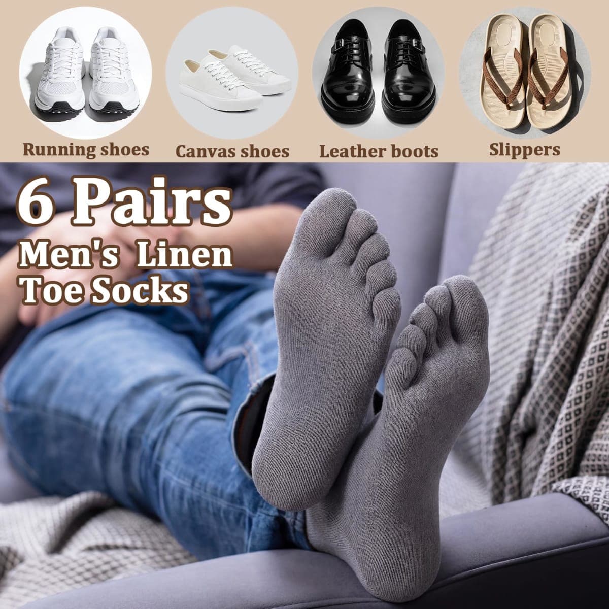 Zoooyawn 6 Pairs Women's Linen Toe Socks Linen Socks Finger Stocking Breathable Moisture Wicking Yoga Running Trainer, Black, White, Gray Linen, Natural Color, Dark Linen, Light Linen, One Size thumbnail 5