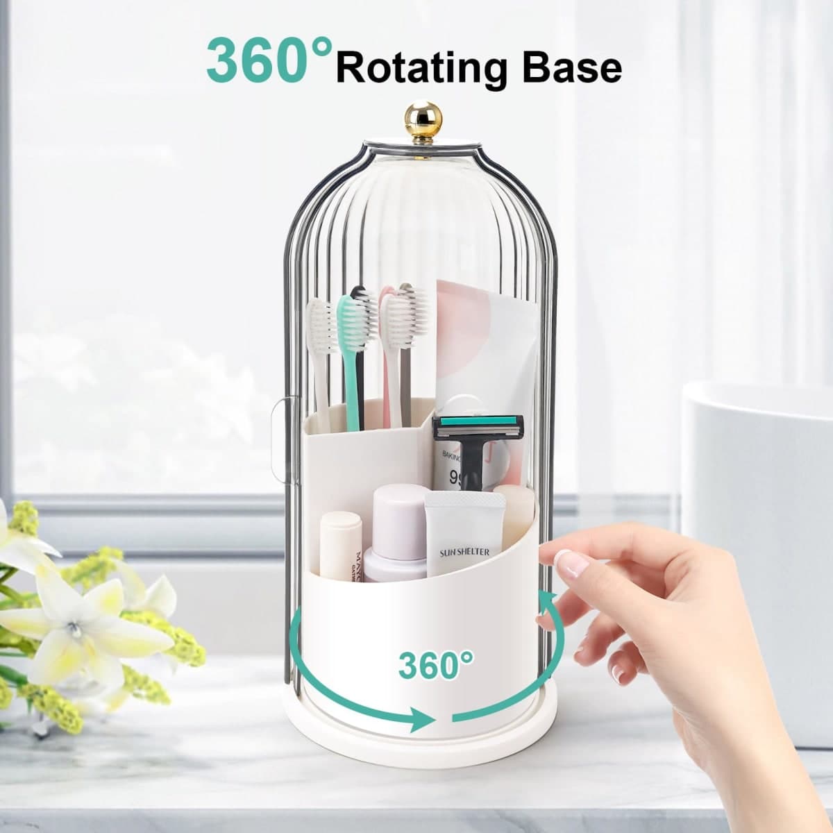 QIYVLOS Toothbrush Holders with Sliding Lid, Rotating 3 Slots Bathroom Organizer Countertop, Tooth Brush Toothpaste Holder Bathroom Counter Stand Sink Organizer Caddy for Vanity Makeup Brushes Holder thumbnail 3