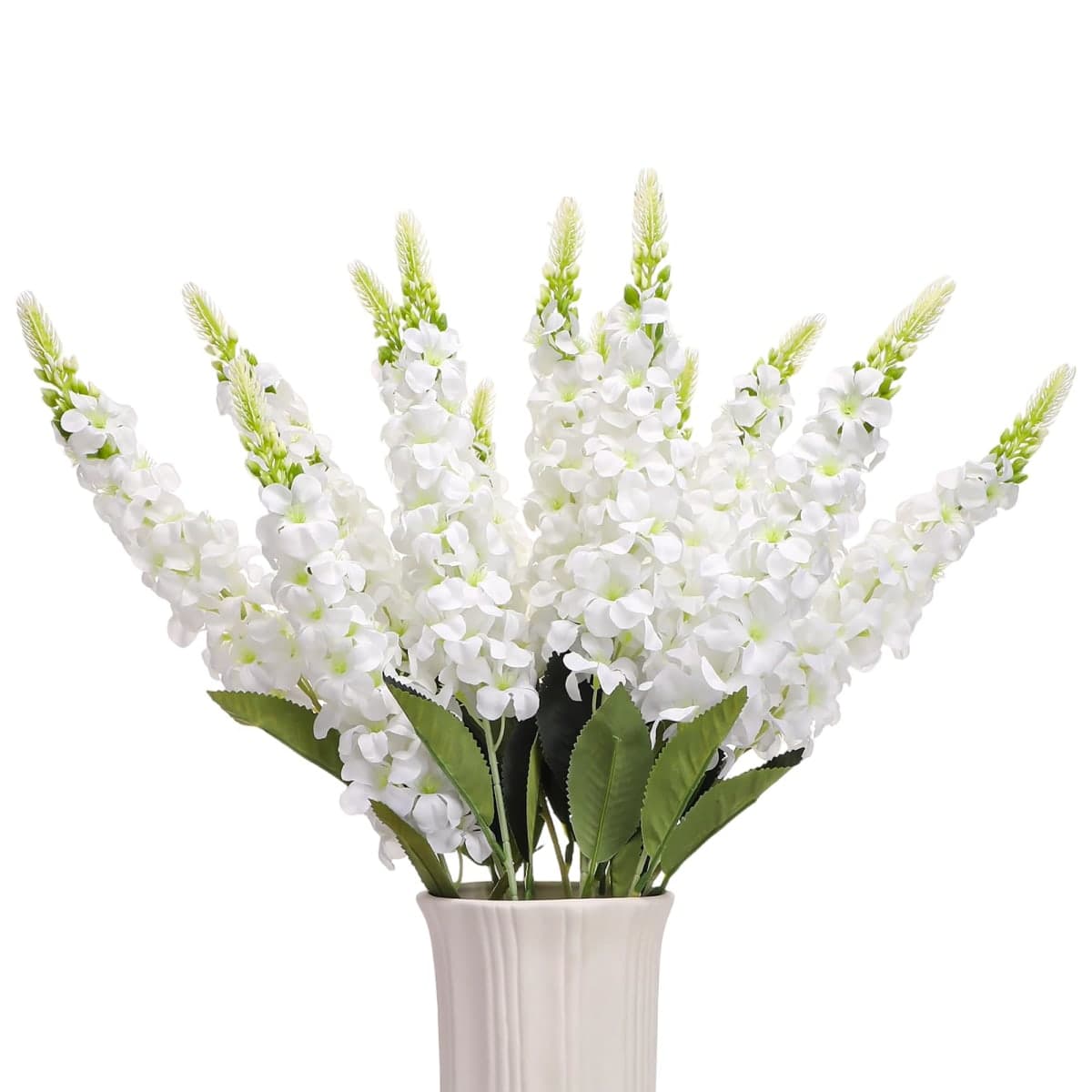 Ovveroche 15 Pcs Delphinium Artificial Flowers for Decoration, 27.5 Inch Long Stem Larkspur Fake Flowers White Faux Silk Bouquets for Tall Vase Wedding Home Decor Floral Arrangements(White)