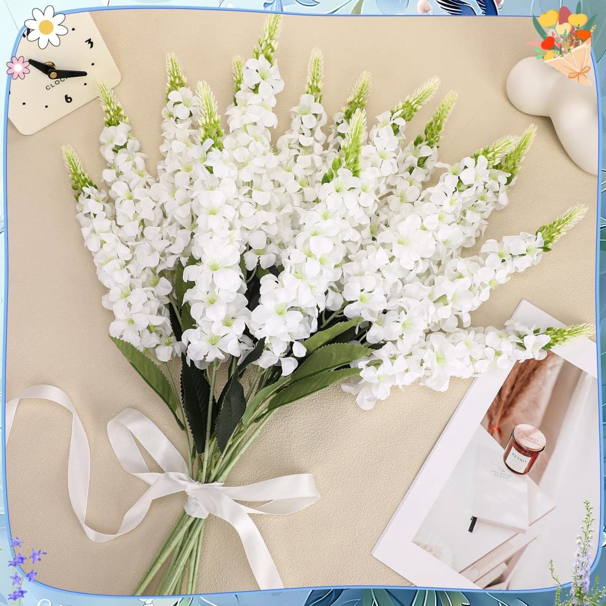 Ovveroche 15 Pcs Delphinium Artificial Flowers for Decoration, 27.5 Inch Long Stem Larkspur Fake Flowers White Faux Silk Bouquets for Tall Vase Wedding Home Decor Floral Arrangements(White) thumbnail 5