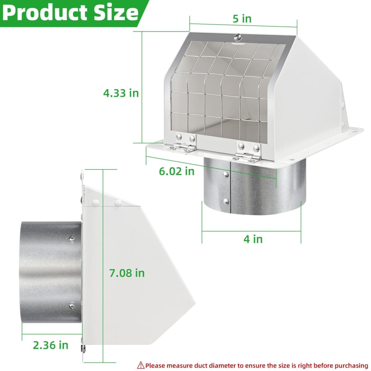 4" Dryer Vent with Screen and Damper,Outdoor Dryer Vent Cover for Outside Exterior Wall Vent Cover Exhaust Vent Cover Cap Outlet for Dryer Ducting/House/Range Hood,Through Wall Dryer Vent Kit,White thumbnail 2