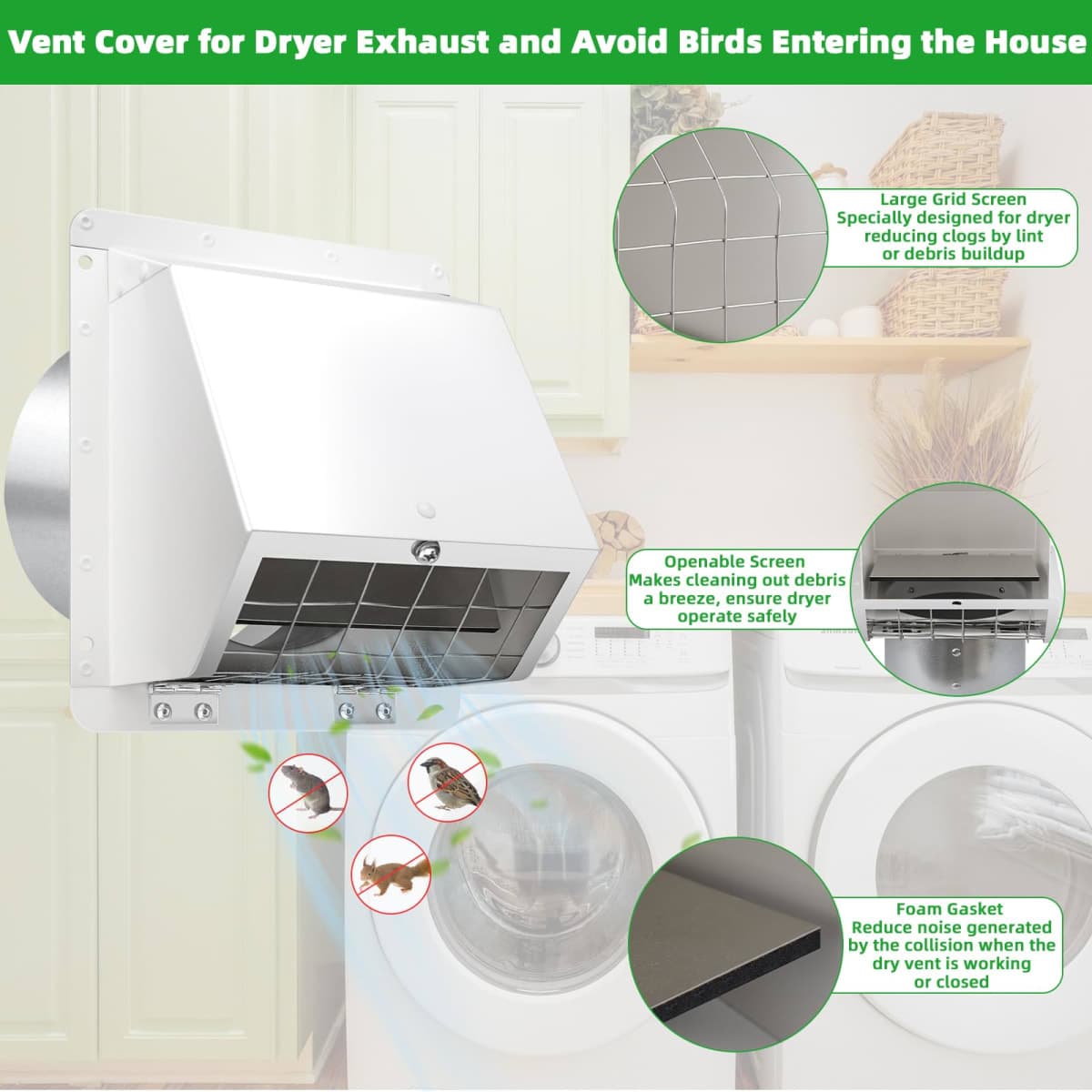 4" Dryer Vent with Screen and Damper,Outdoor Dryer Vent Cover for Outside Exterior Wall Vent Cover Exhaust Vent Cover Cap Outlet for Dryer Ducting/House/Range Hood,Through Wall Dryer Vent Kit,White thumbnail 3