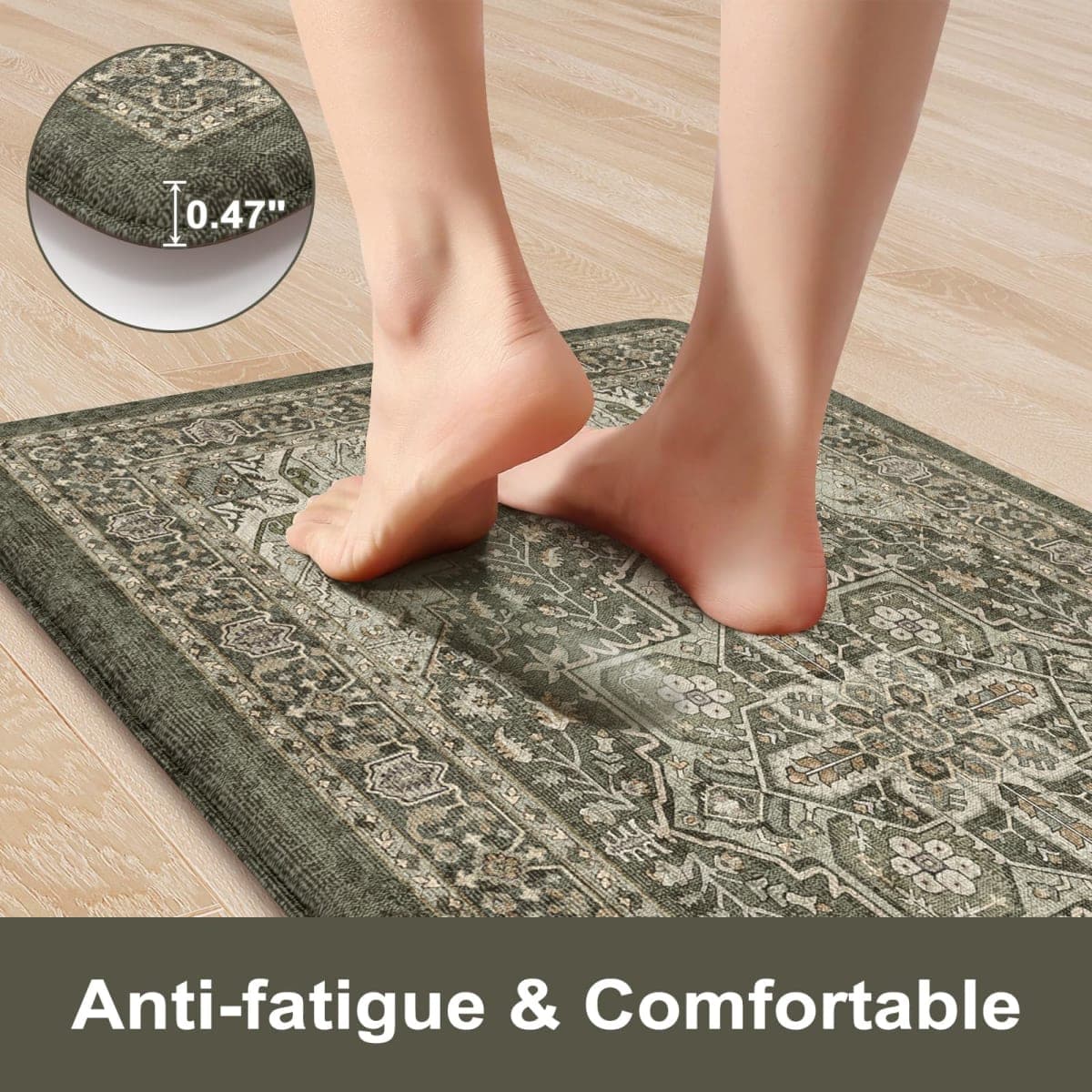 KIMODE Kitchen Mats Cushioned Anti Fatigue, Boho Distressed Kitchen Rugs Sets of 2, Non Slip Kitchen Floor Mat, Comfort Standing Mat for Laundry, Office, Sink, Desk Dark Green 17"x59"+17"x29" thumbnail 2