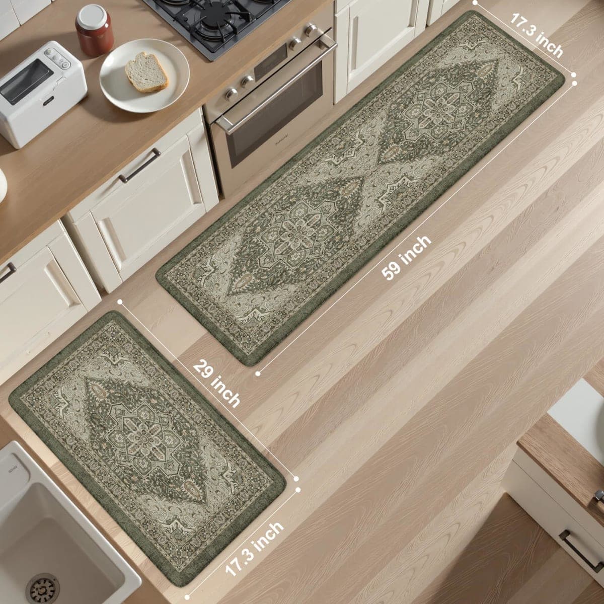 KIMODE Kitchen Mats Cushioned Anti Fatigue, Boho Distressed Kitchen Rugs Sets of 2, Non Slip Kitchen Floor Mat, Comfort Standing Mat for Laundry, Office, Sink, Desk Dark Green 17"x59"+17"x29" thumbnail 3