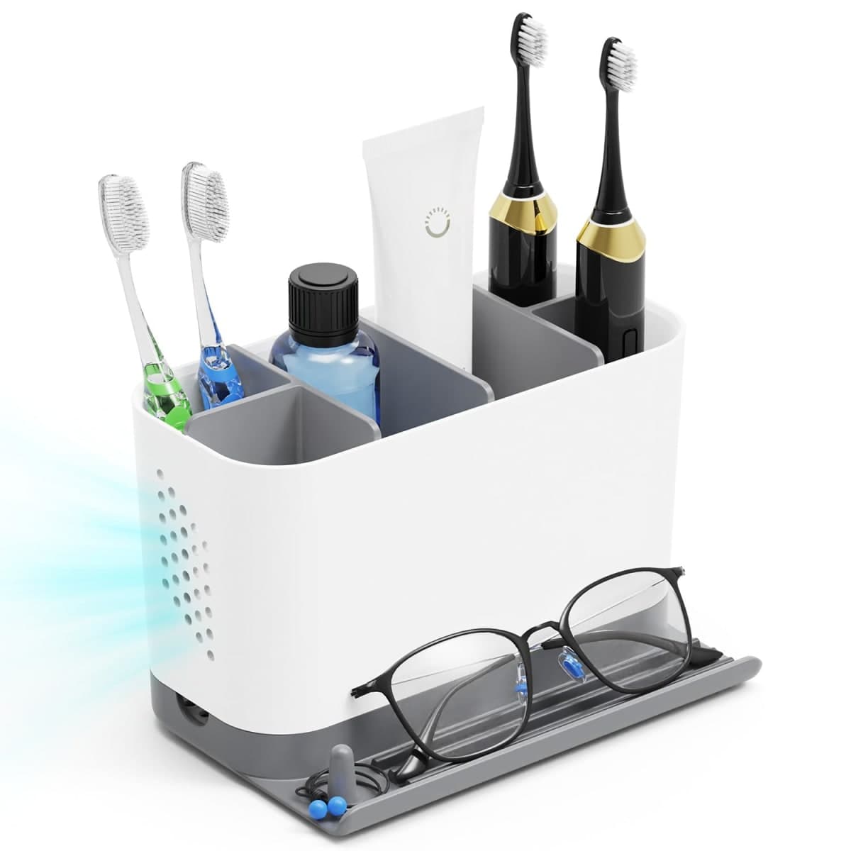 Toothbrush Holders for Bathrooms, Adjustable 6 Slots Electric Toothbrush and Toothpaste Holder, Cord-Friendly Detachable Bathroom Countertop Organizer with Front Ledge for Phone and Ring Holder thumbnail 2