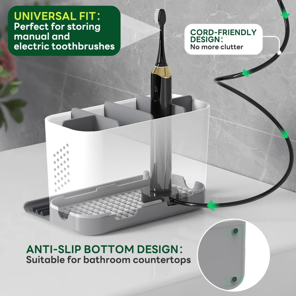 Toothbrush Holders for Bathrooms, Adjustable 6 Slots Electric Toothbrush and Toothpaste Holder, Cord-Friendly Detachable Bathroom Countertop Organizer with Front Ledge for Phone and Ring Holder thumbnail 3