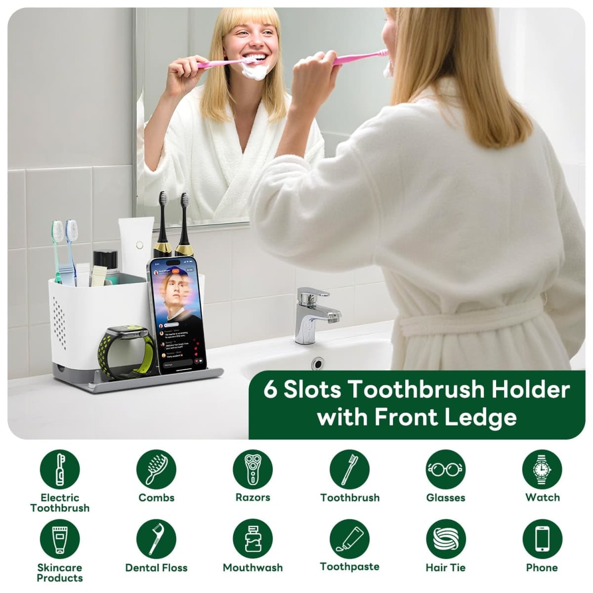 Toothbrush Holders for Bathrooms, Adjustable 6 Slots Electric Toothbrush and Toothpaste Holder, Cord-Friendly Detachable Bathroom Countertop Organizer with Front Ledge for Phone and Ring Holder thumbnail 4