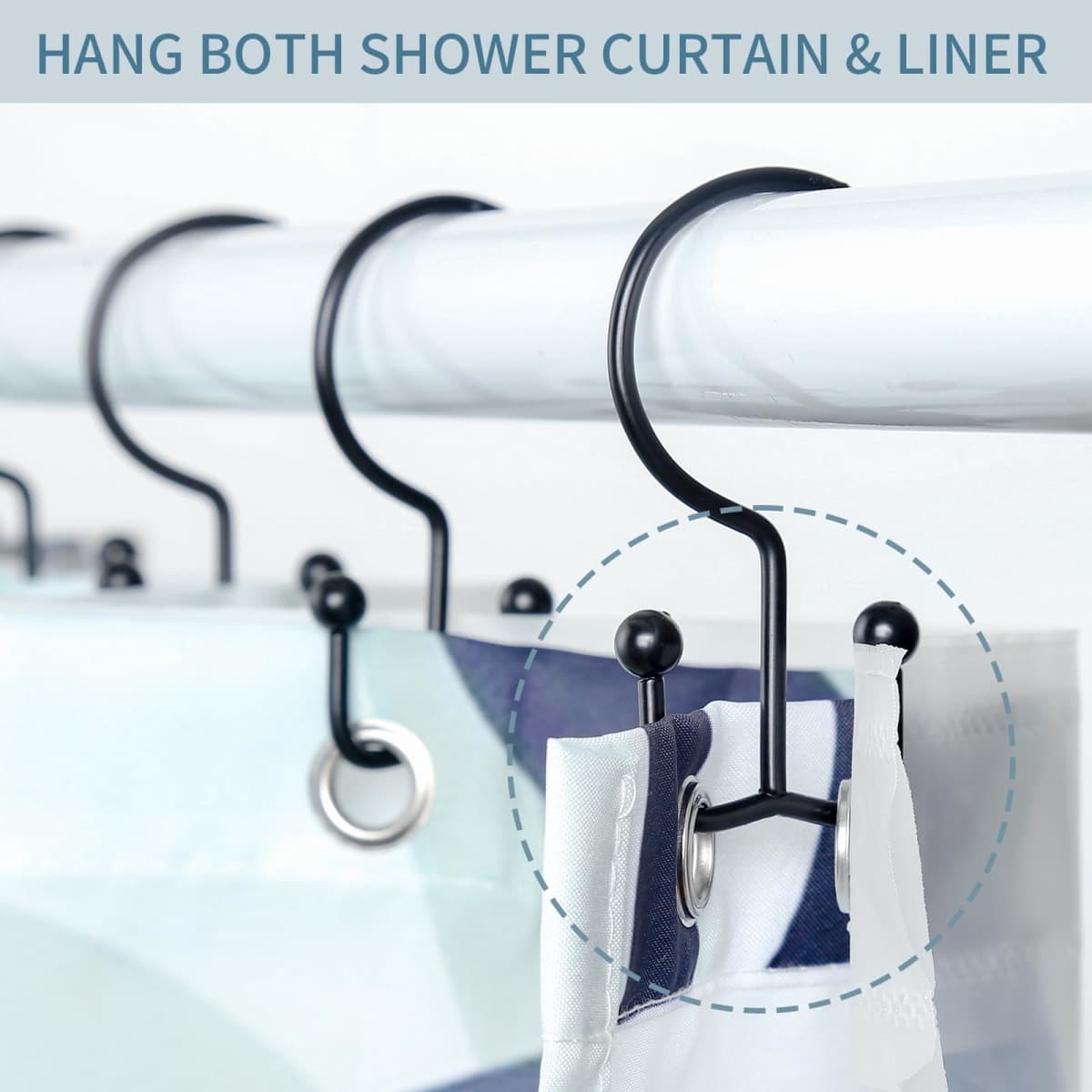 Goowin Shower Curtain Hooks, 12 Pcs Shower Curtain Rings, Durable Rust Proof Black Shower Curtain Hooks, Shower Rings for Curtain, Double Glide Shower Curtain Hooks for Shower Curtain Rods, Black thumbnail 3