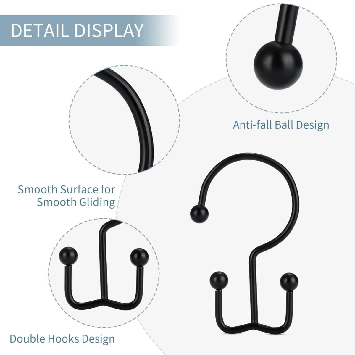 Goowin Shower Curtain Hooks, 12 Pcs Shower Curtain Rings, Durable Rust Proof Black Shower Curtain Hooks, Shower Rings for Curtain, Double Glide Shower Curtain Hooks for Shower Curtain Rods, Black thumbnail 4