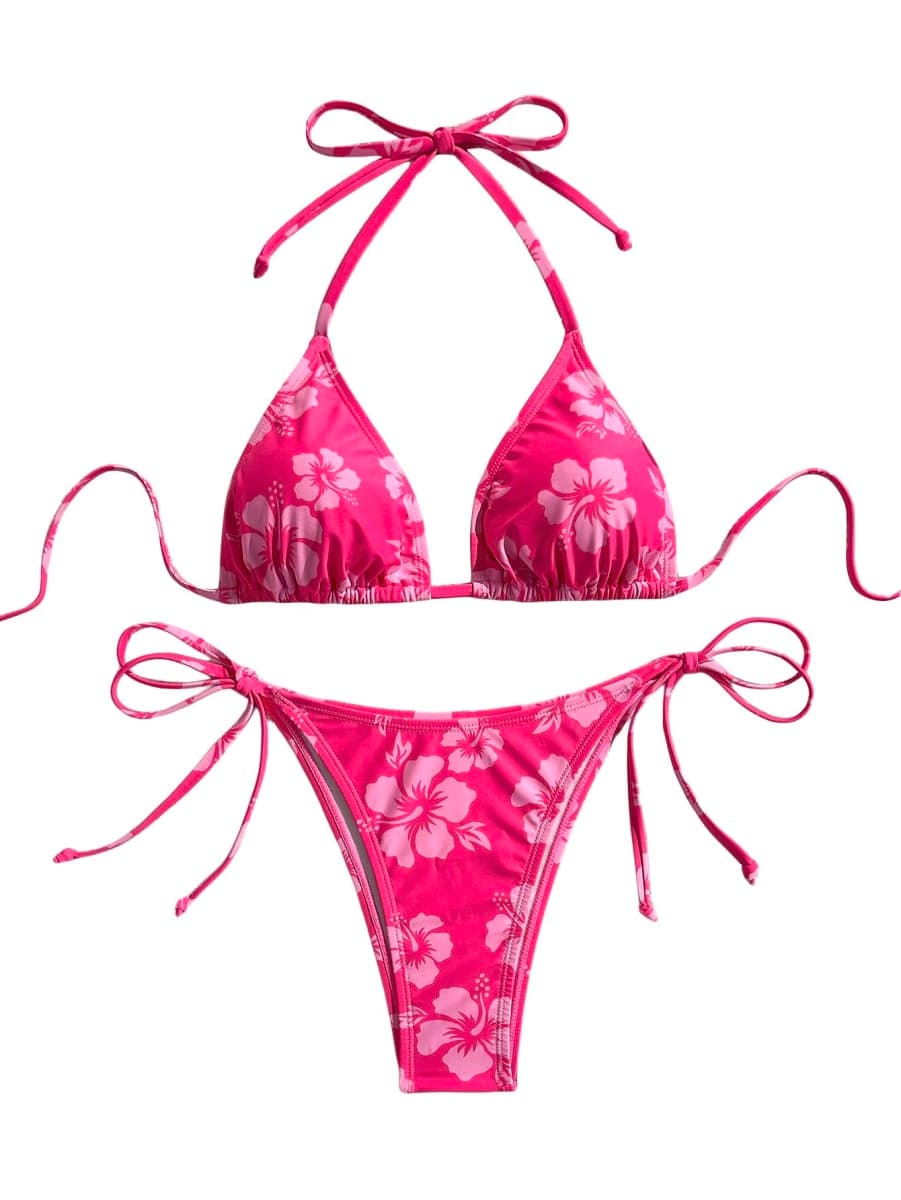 WDIRARA Women's 2 Piece Floral Print Swimsuits Geometric Halter String Triangle Bikini Set Beach Bathing Suit, Multi Pink, Small — image 1