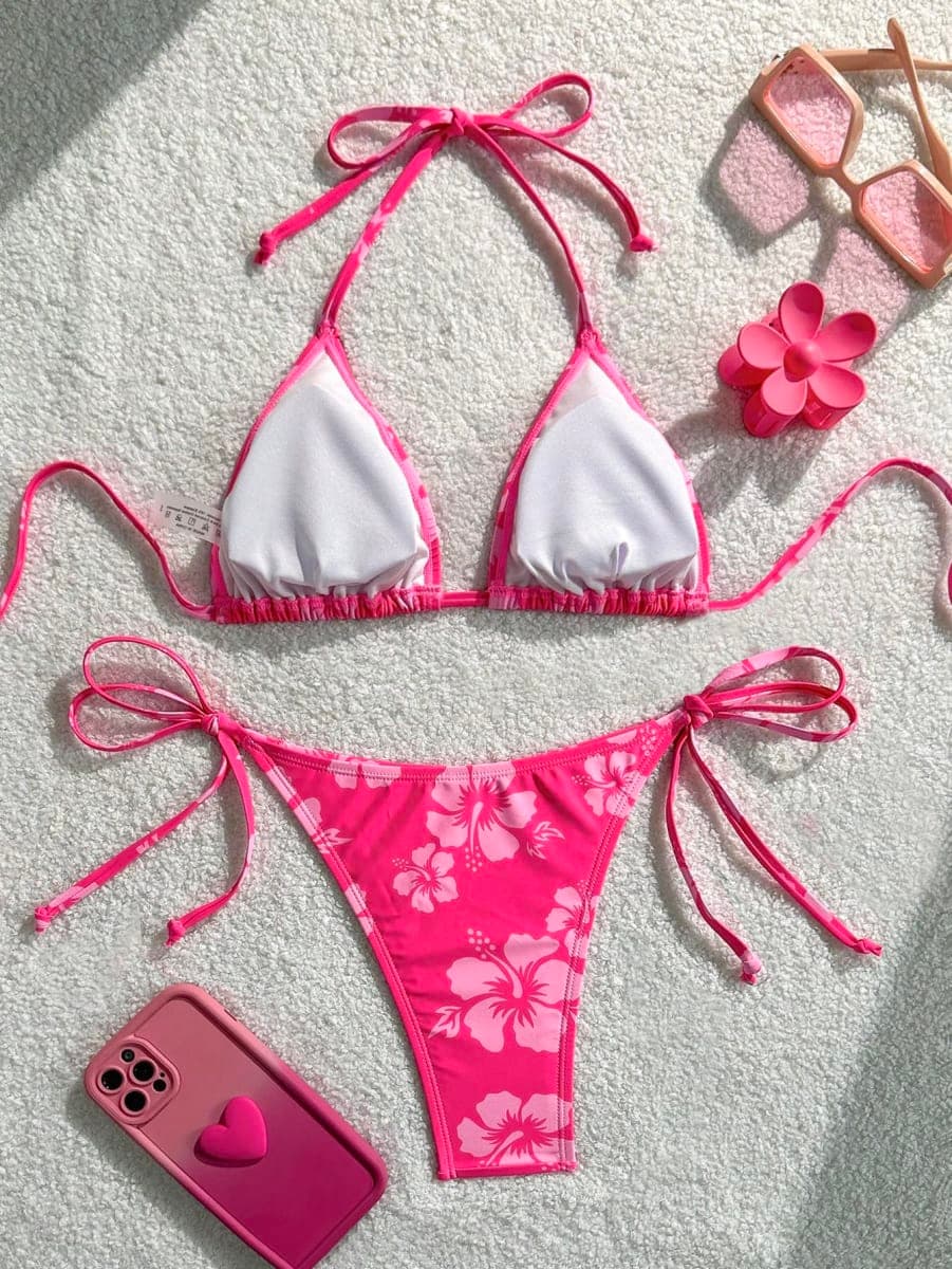 WDIRARA Women's 2 Piece Floral Print Swimsuits Geometric Halter String Triangle Bikini Set Beach Bathing Suit, Multi Pink, Small thumbnail 2