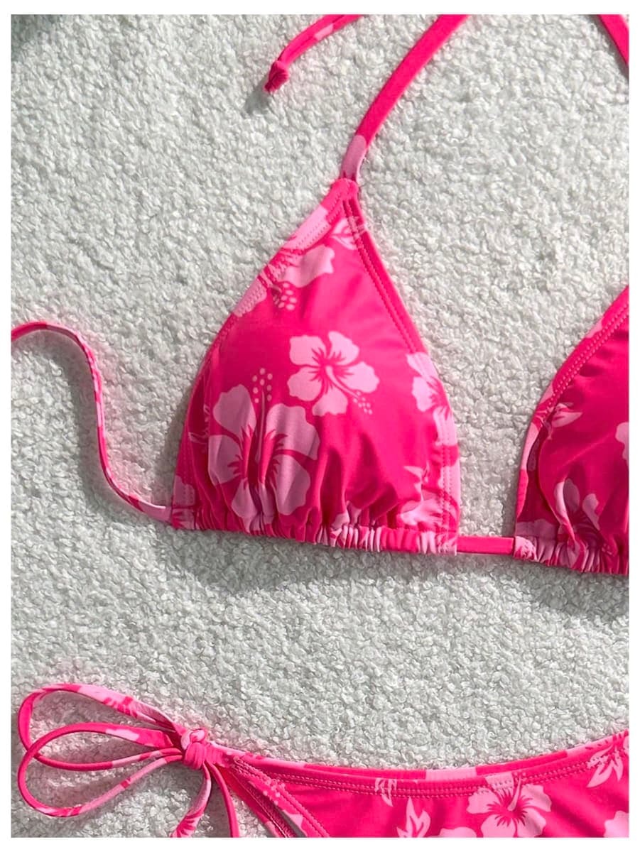 WDIRARA Women's 2 Piece Floral Print Swimsuits Geometric Halter String Triangle Bikini Set Beach Bathing Suit, Multi Pink, Small thumbnail 3