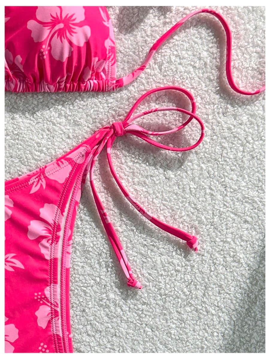 WDIRARA Women's 2 Piece Floral Print Swimsuits Geometric Halter String Triangle Bikini Set Beach Bathing Suit, Multi Pink, Small thumbnail 4