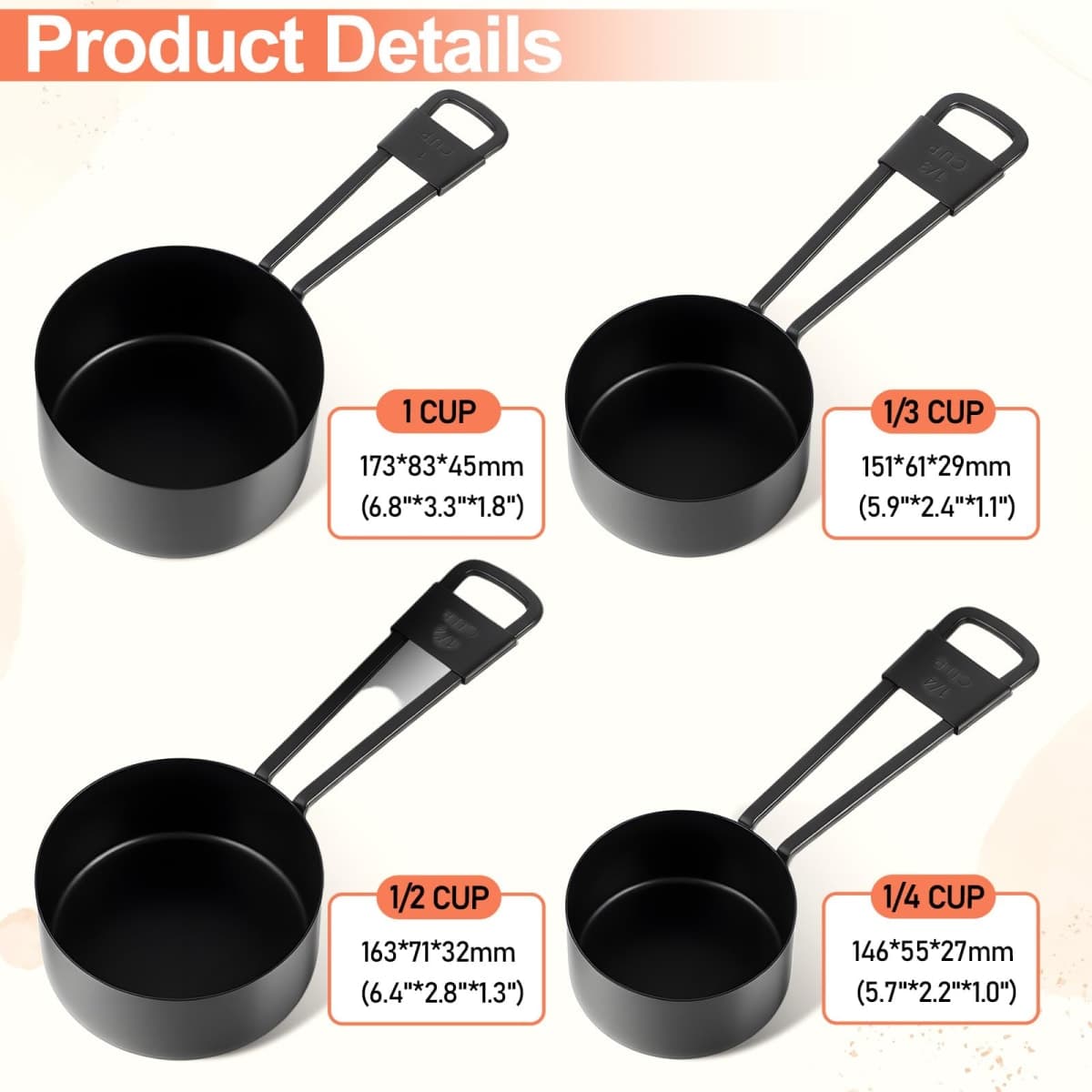 9 PCS Black Stainless Steel Measuring Cups and Spoons Set, Nesting Metal Measuring Cup with Ring Connector for Liquid and Dry Ingredients, Cooking and Baking (Black) thumbnail 2