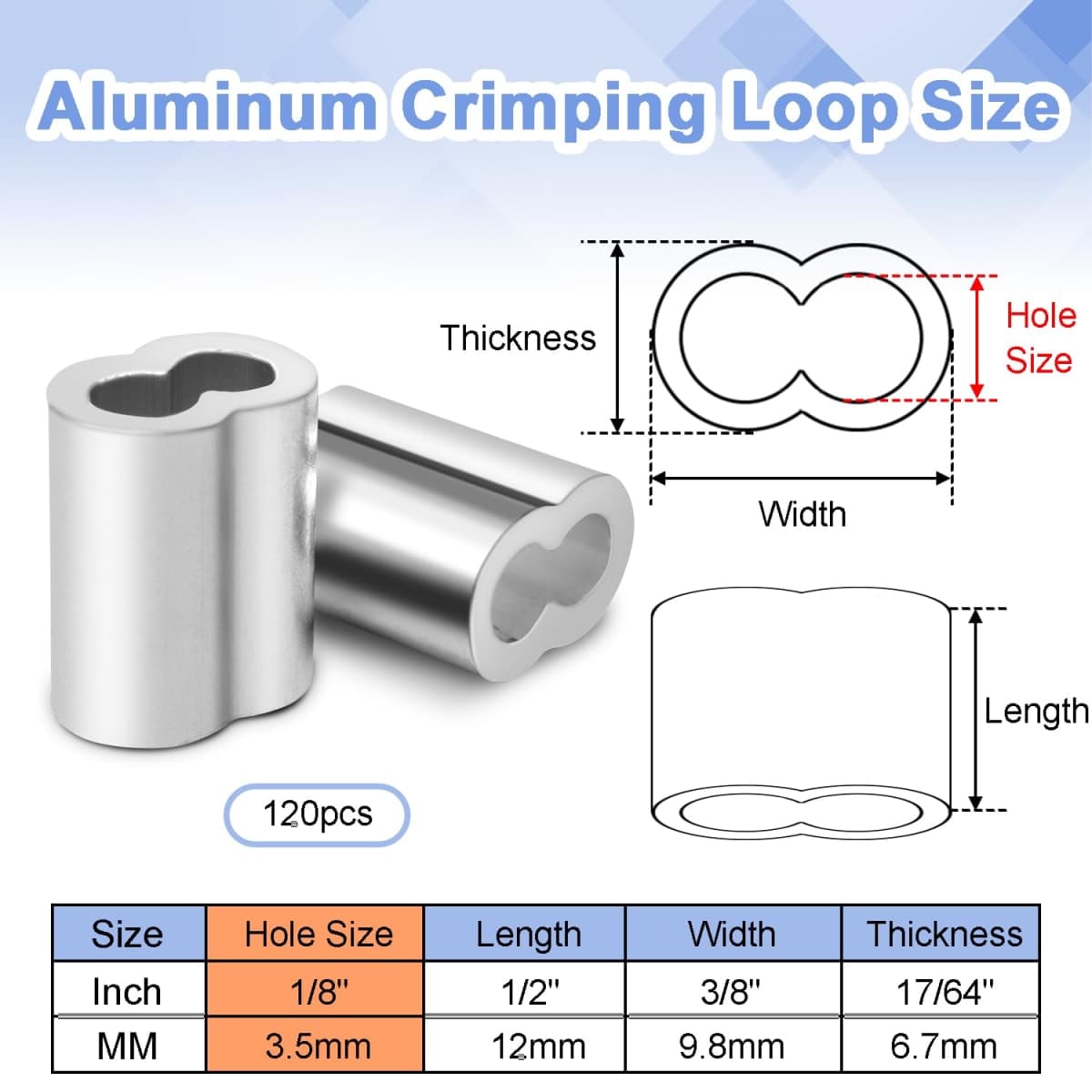 CooBigo 1/8"Cable Crimp Sleeve, WireRope CrimpingLoop Sleeves. Cable Ferrules for Cable and Wire Rope Crimp,120PCS Aluminum Double Barrel Crimp Sleeves (M3-1/8") thumbnail 2
