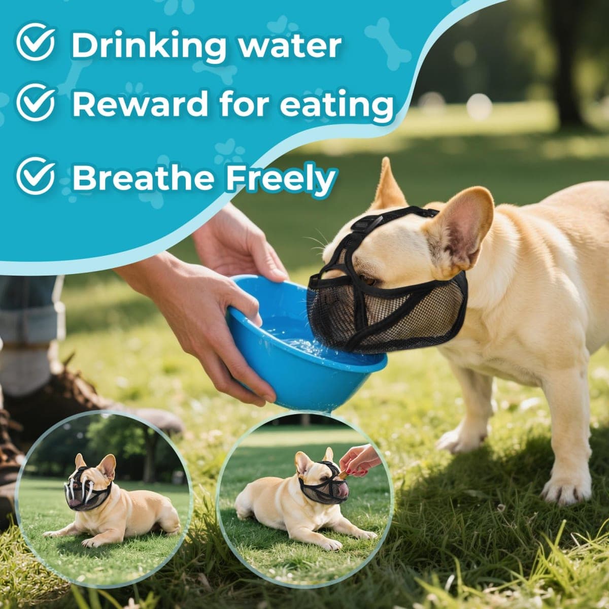 OHCOZZY French Bulldog Muzzle with Soft Mesh, Allows Tongue Extension -Open Eye Hole Short Snout Dog Muzzle for Biting Prevention, Drinking & Feeding(M,Black) thumbnail 2