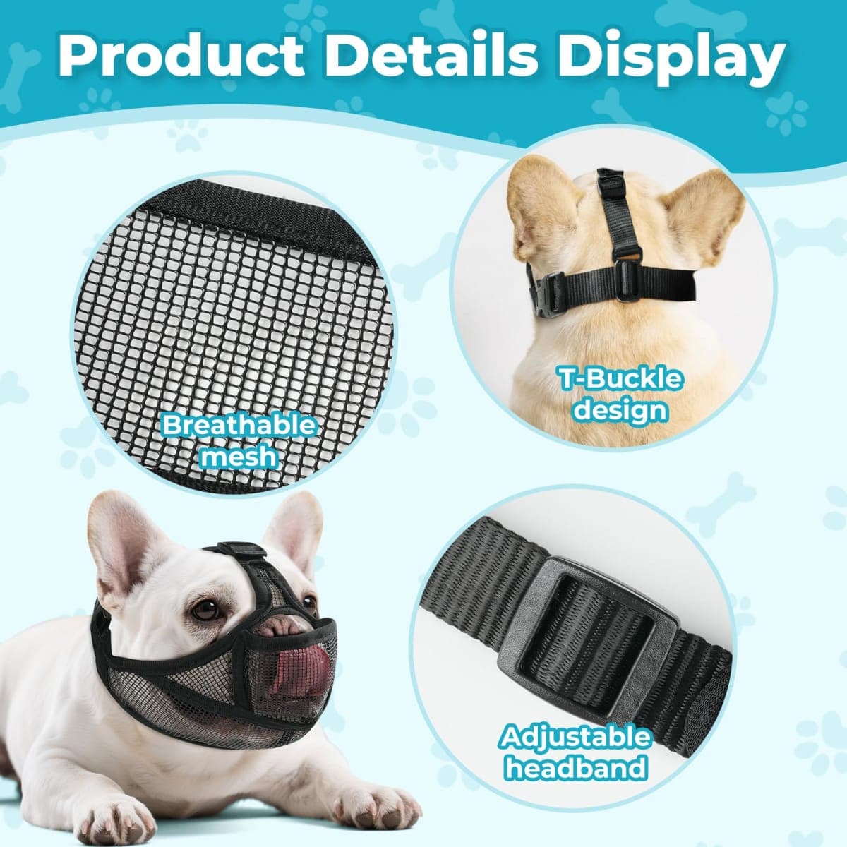 OHCOZZY French Bulldog Muzzle with Soft Mesh, Allows Tongue Extension -Open Eye Hole Short Snout Dog Muzzle for Biting Prevention, Drinking & Feeding(M,Black) thumbnail 4