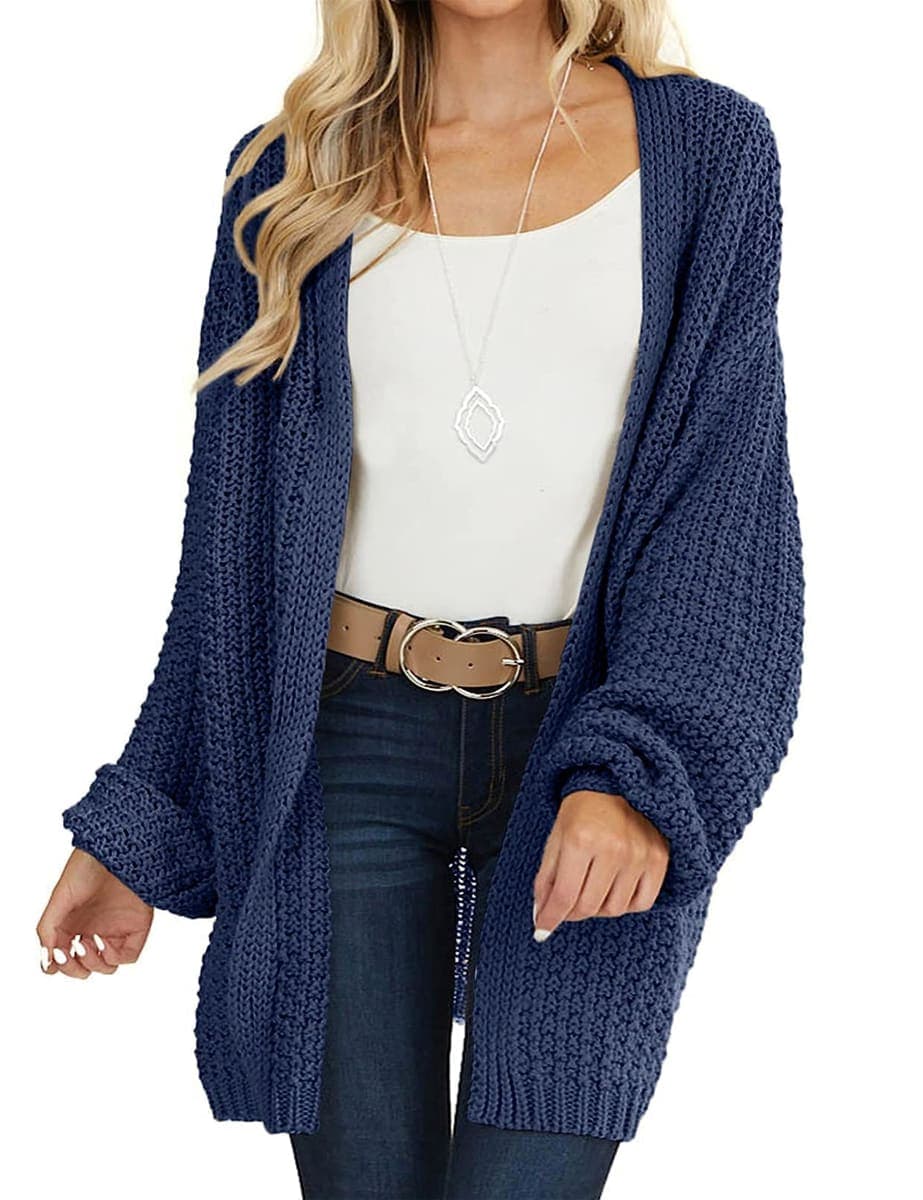 MEROKEETY Women's 2025 Fall Open Front Chunky Knit Sweater Oversized Lantern Sleeve Cardigan Outwear, Navy, Medium — image 1