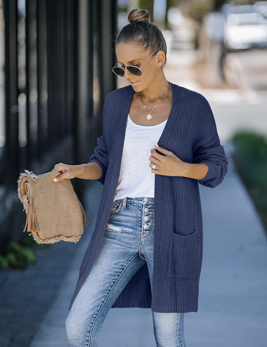 MEROKEETY Women's 2025 Fall Open Front Chunky Knit Sweater Oversized Lantern Sleeve Cardigan Outwear, Navy, Medium thumbnail 3
