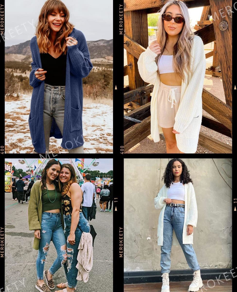 MEROKEETY Women's 2025 Fall Open Front Chunky Knit Sweater Oversized Lantern Sleeve Cardigan Outwear, Navy, Medium thumbnail 5