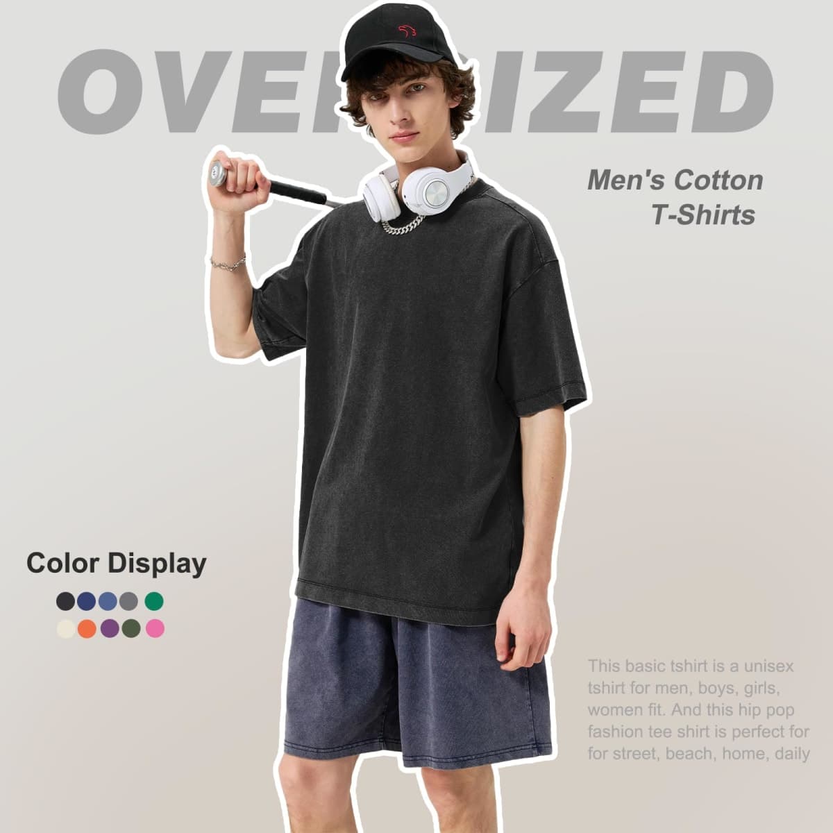 KEEPSHOWING Men's Cotton T-Shirts Oversized Unisex Short Sleeves Casual Loose Wash Solid Basic Tee Tops(A-Black 2XL) thumbnail 3