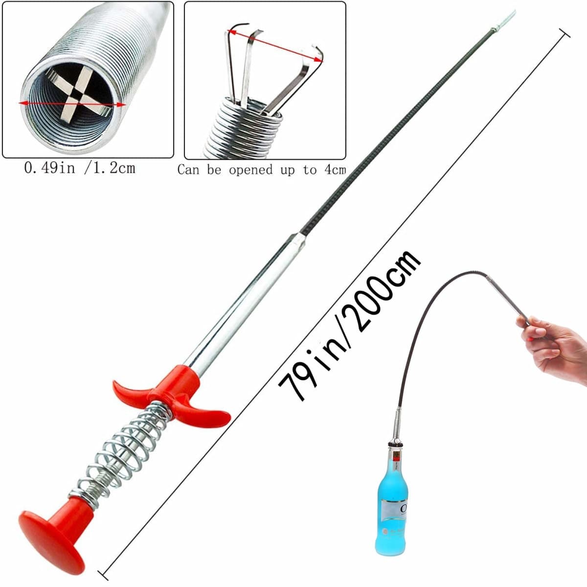 Drain Snake, Drain Clog Remover - Gutter Cleaning Tools Drain Cleaner for Toilet Sewer Shower Kitchen Bathroom Tub Clogged Drains Opener Cleaning Tool, Flexible Grabber Claw Pick Up Reacher (79 inch) thumbnail 2