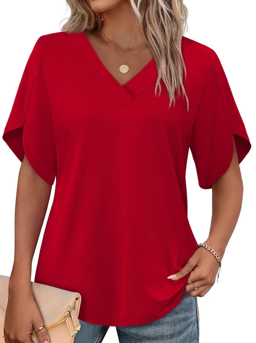 WIHOLL Womens Summer Tops Short Petal Sleeve Shirts Fashion V Neck Outfits Clothes, 01 Red, Large — image 1