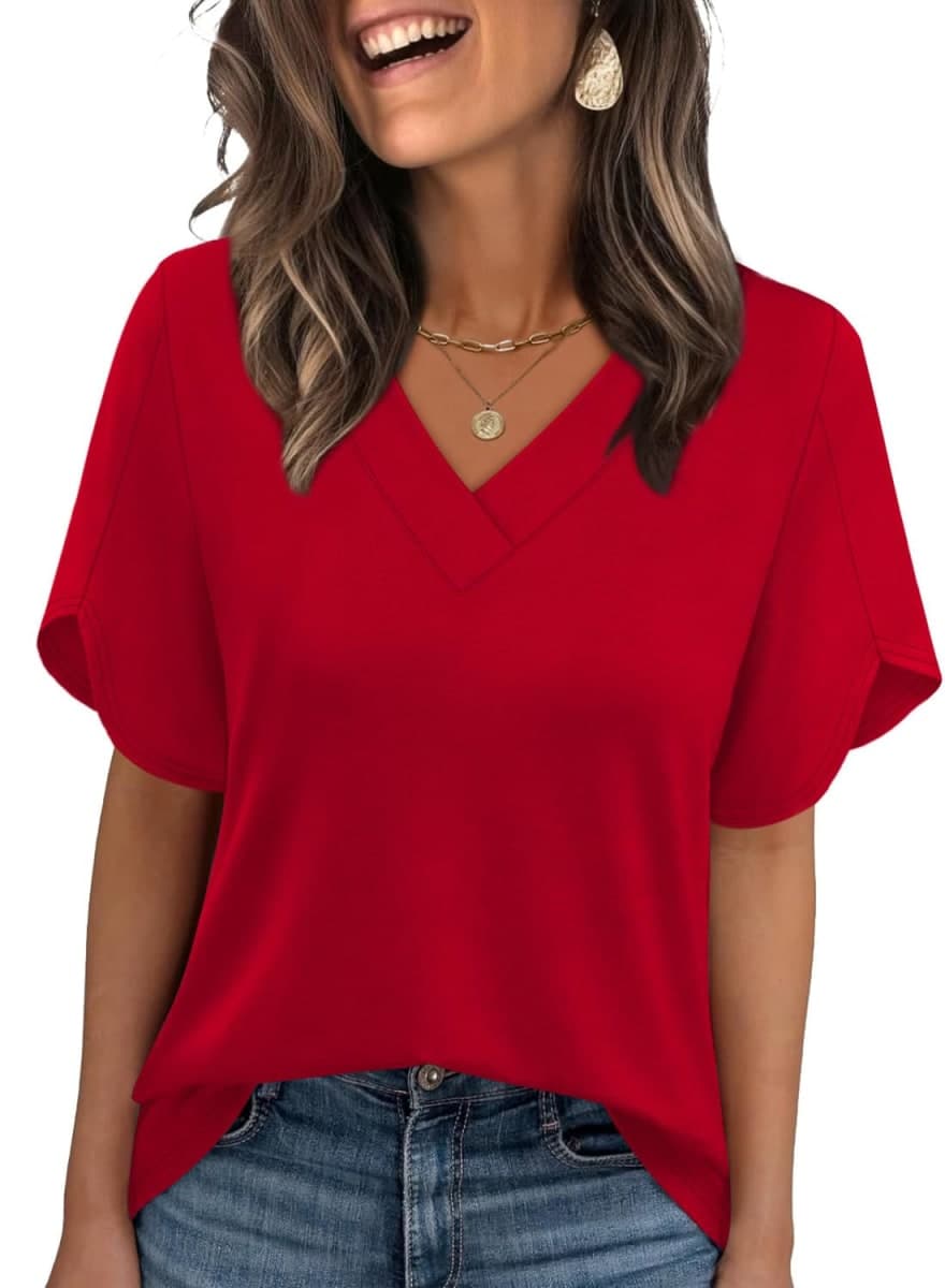 WIHOLL Womens Summer Tops Short Petal Sleeve Shirts Fashion V Neck Outfits Clothes, 01 Red, Large thumbnail 2