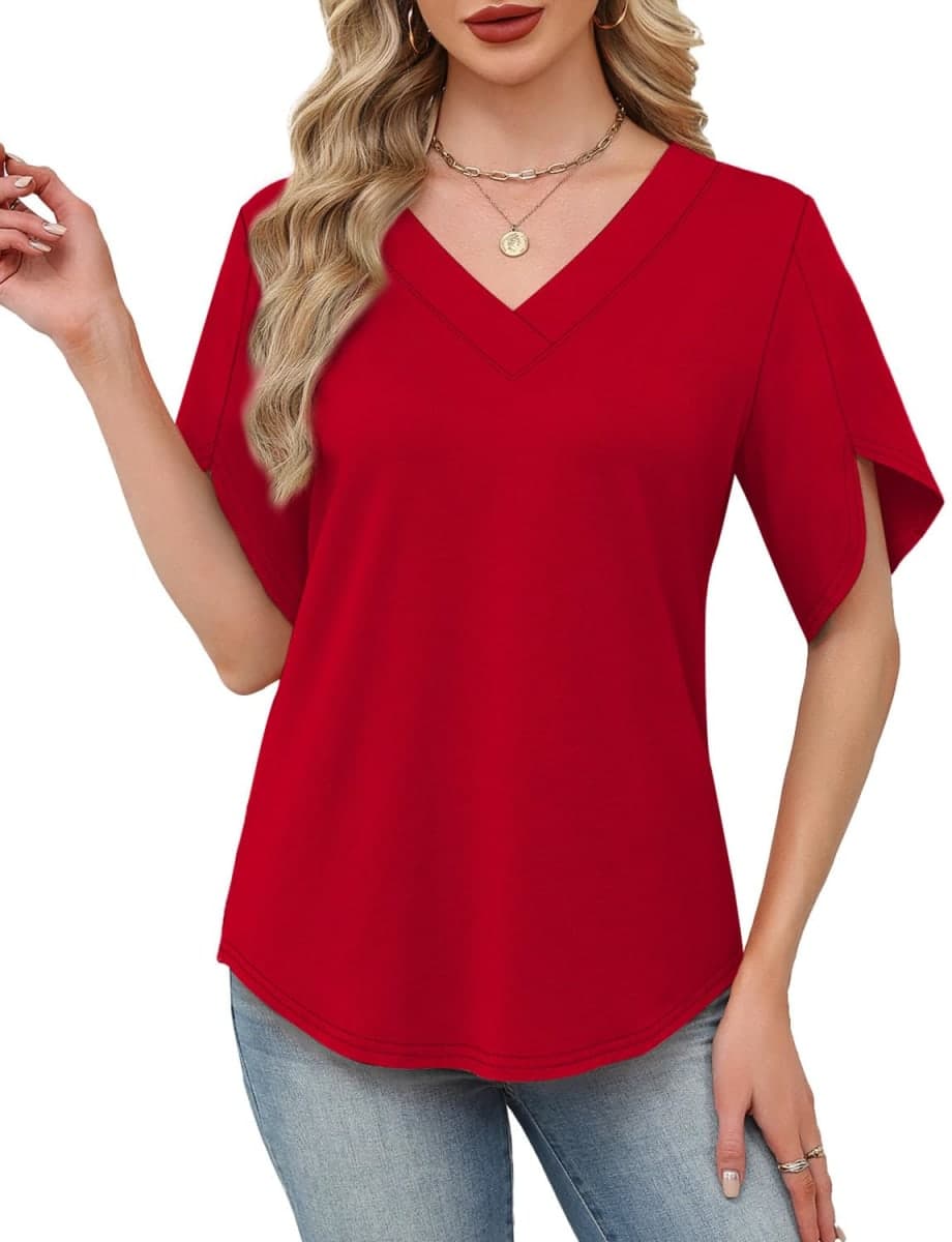 WIHOLL Womens Summer Tops Short Petal Sleeve Shirts Fashion V Neck Outfits Clothes, 01 Red, Large thumbnail 3