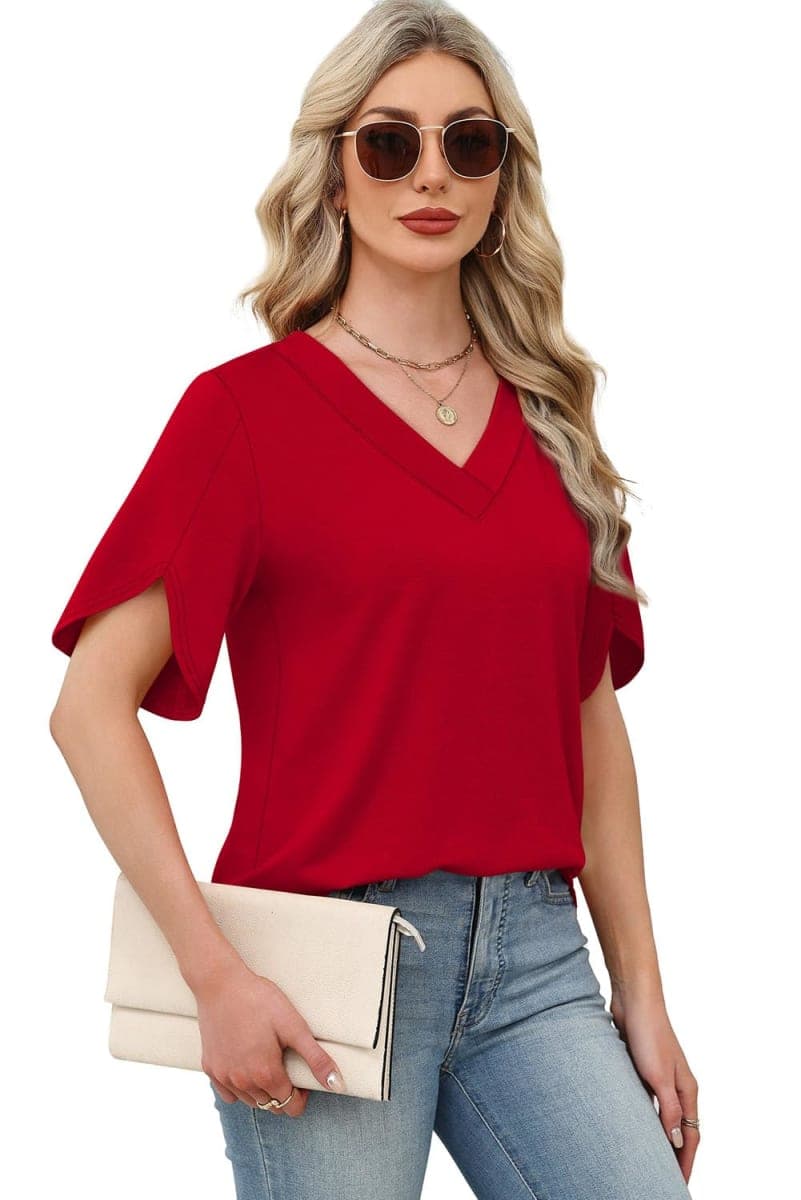 WIHOLL Womens Summer Tops Short Petal Sleeve Shirts Fashion V Neck Outfits Clothes, 01 Red, Large thumbnail 4