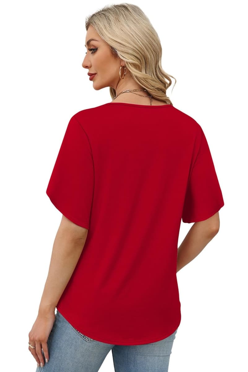 WIHOLL Womens Summer Tops Short Petal Sleeve Shirts Fashion V Neck Outfits Clothes, 01 Red, Large thumbnail 5