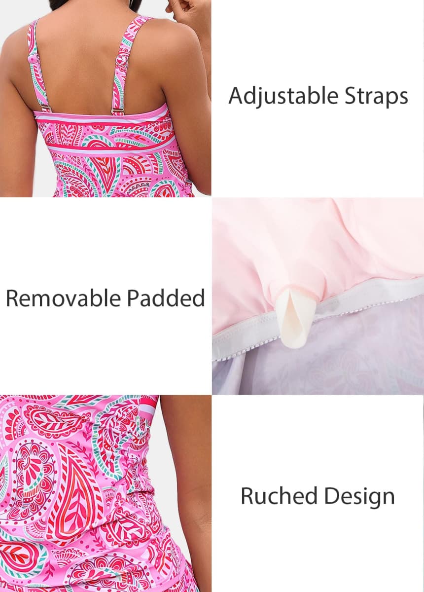 ROSEWE Womens Ruched Tankini Bathing Suits 2 Piece Tummy Control Swimsuits, Pink Paisley, X-Large thumbnail 4