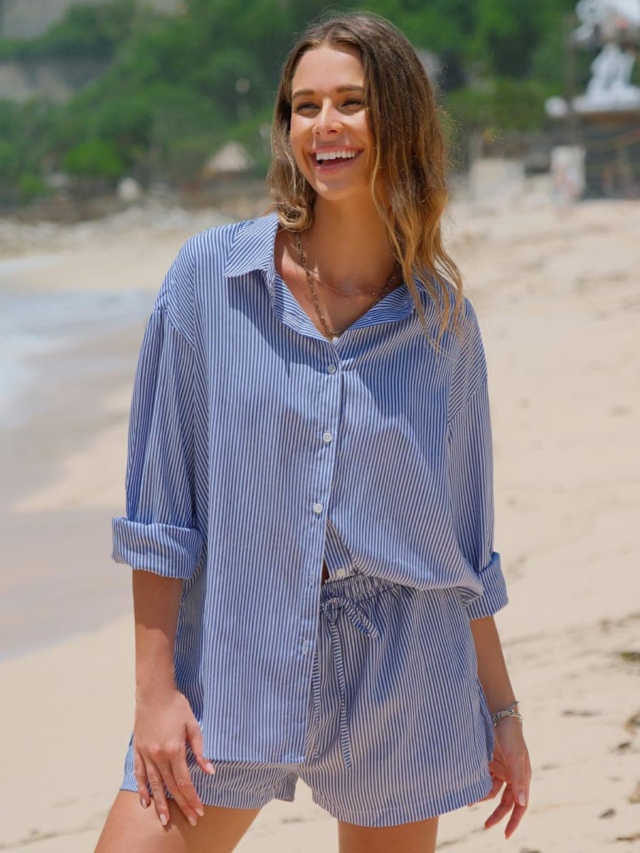 EXLURA Womens 2 Piece Sets Summer Cotton Long Sleeve Shirts Matching Shorts, Blue, Medium thumbnail 2