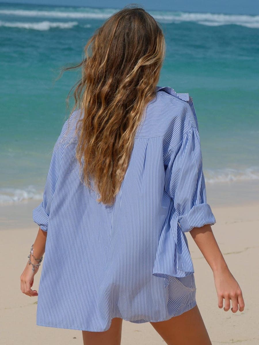 EXLURA Womens 2 Piece Sets Summer Cotton Long Sleeve Shirts Matching Shorts, Blue, Medium thumbnail 4